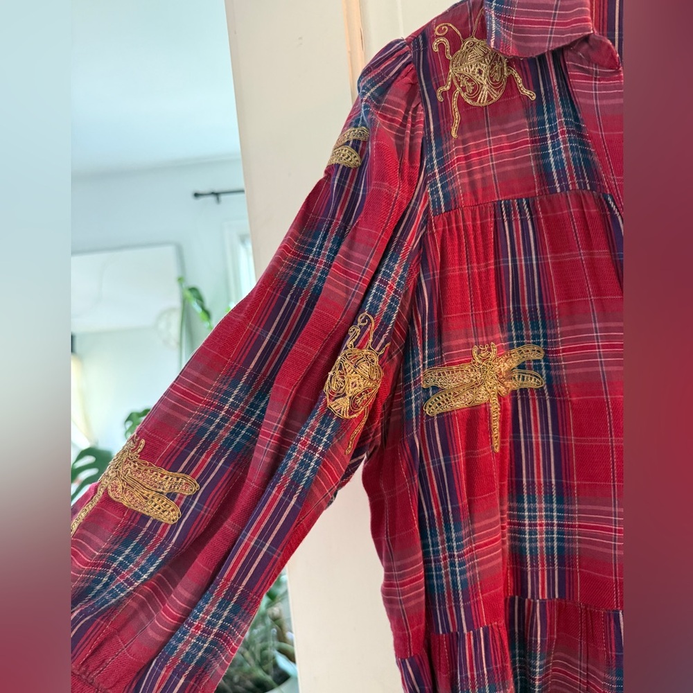 Desigual Plaid Red Dress with Embroidered Accents Size M - Picture 4 of 5